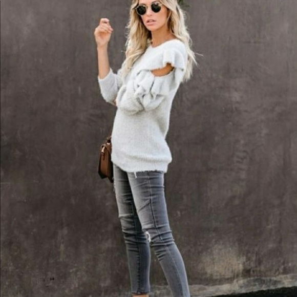 Vici Blue Moon fuzzy cozy boho ruffled open shoulder sweater size L - Picture 6 of 16